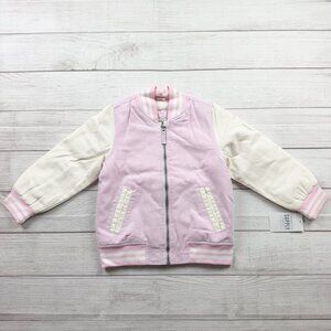 London Fog Girls Varsity Jacket Pink Sherpa Lined Bomber Zip Up NWT 4